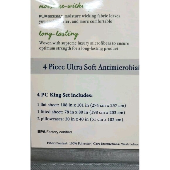 Silvadur Gray King Size Sheet Set 4pc Antimicrobial PurDefense Bedding Sleep - Picture 10 of 10